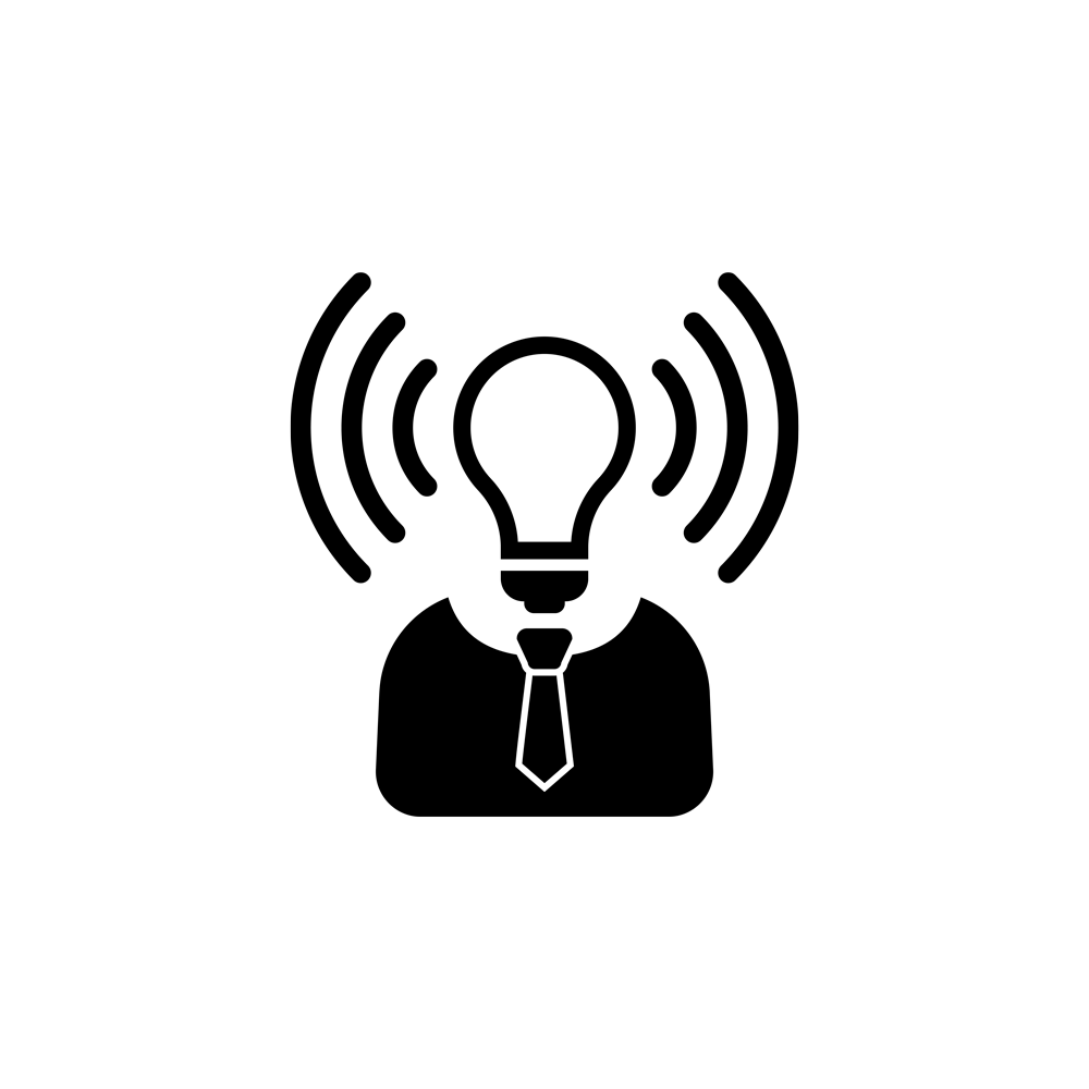 black icon showing a suit with lightbulb and radiowaves for a head.